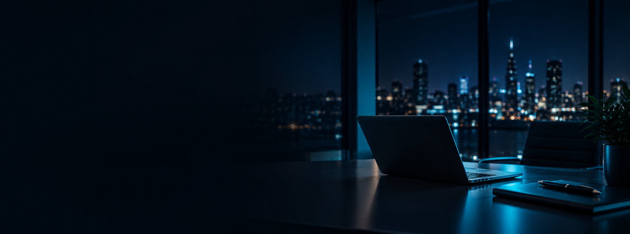 Oficina nocturna con vista a la ciudad